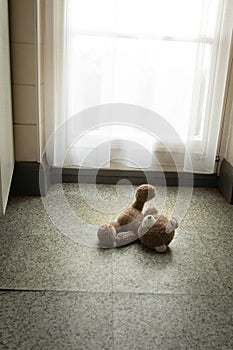 Teddy bear left behind on the floor in the kitchen