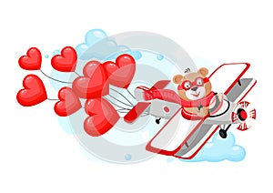 Teddy bear in love pilot flies on an airplane with heart-shaped balloons