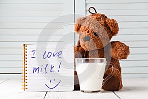 Teddy bear love milk, kid breakfast concept