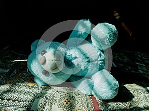 A Teddy Bear lying on bed and busk in the sun photo