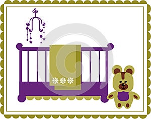 Teddy bear next to baby cradle and mobile