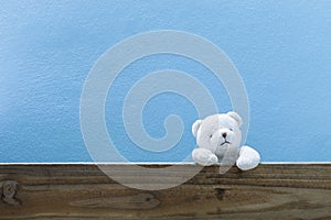 Teddy bear on old wood blue wall background.