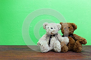 Teddy bear on old wood in front green background.