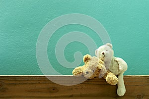 Teddy bear on old wood in front green wall background