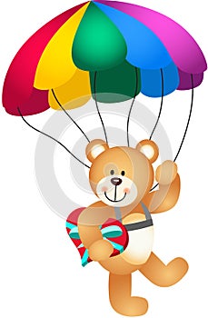 Teddy bear parachute holding heart photo