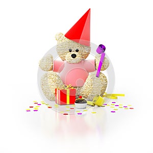 Teddy bear with party cap, blower, gift and cupcake surrounded with confetti