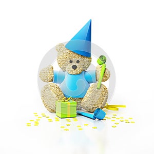 Teddy bear with party cap, blowers and gift, surrounded with confetti