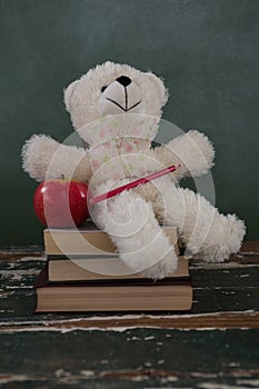Teddy bear, pencil and apple on stack of books