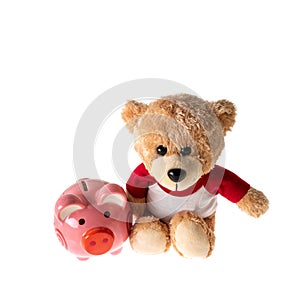 Teddy bear with piggy bank isolated on white background