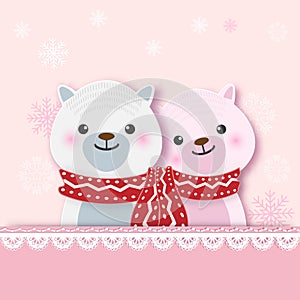 Teddy Bear on pink background for Greeting card, paper art styl