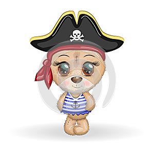 Teddy bear pirate, cartoon character of the game, wild animal in a bandana and a cocked hat with a skull, with an eye