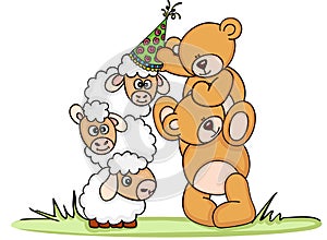 Teddy bear put birthday hat on sheep