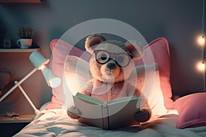 Teddy bear reading a book with bedtime stories in bed
