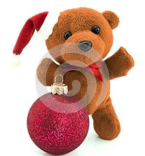 Teddy bear with red Christmas balls /Christmas/Teddy