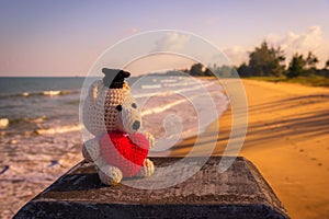 Teddy Bear with red heart sitting near the beach