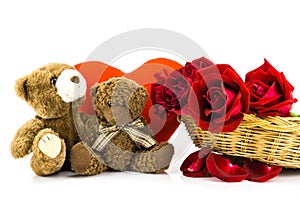 teddy bear and red roses on a white background. valentine background .