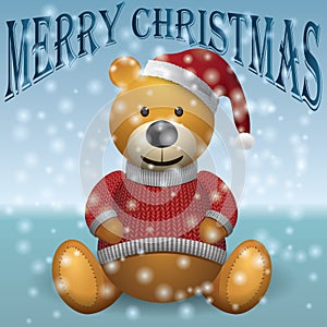 Teddy bear in red sweater red hat with snow text MerryChristmas