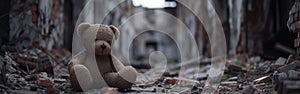 Teddy Bear Resting in Ruined Building