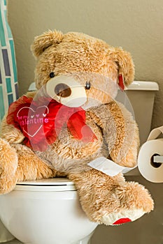 A teddy bear is in the restroom using the toilet. Portrait orientation