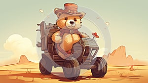 Teddy Bear Riding Car on Desert Road. Generative AI