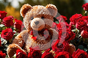 Teddy bear with roses, romantic valentines gift concept