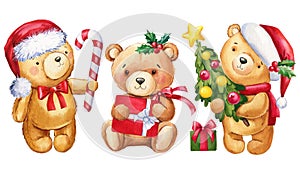 Teddy bear in Santa Claus hat, present and Christmas tree. Watercolor illustration. Design for New Yea and for Christmas