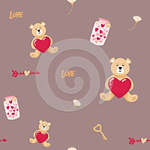 Teddy bear. seamless Pattern with bear with heart in hands. Stuffed toys, gifts. Pattern. Vector suitable for valentine
