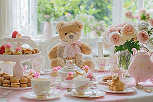 A teddy bear is seated on a table, showcasing its cute and cuddly appearance