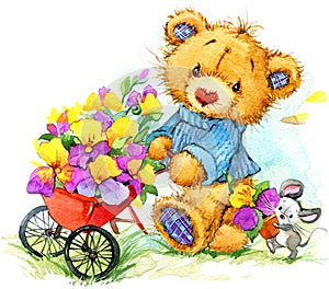 Un oso vende semillas de jardín flores. acuarela 