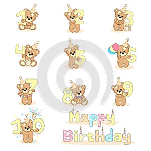 Teddy bear set with numbers from one to ten, baby birthday card on white isolated background,cute cartoon character and