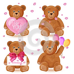 Teddy bear set Vector. Romantic cute cartoon bears lovely symbols in watercolor