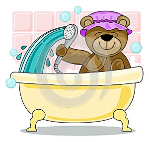 Teddy bear showering in bath