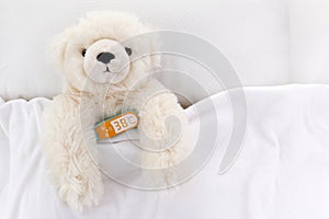 Teddy Bear is sick in bed on white background