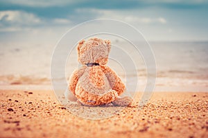 Teddy bear sit alone at the seashore