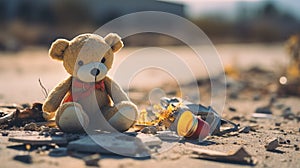 A teddy bear sits on the ground with a broken toy, AI