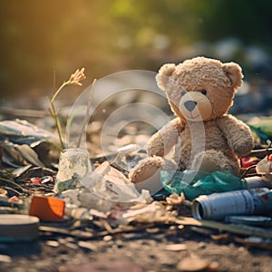 A teddy bear sits on the ground with garbage around it, AI