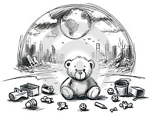 A teddy bear sitting amidst broken toys and urban decay