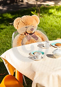 Teddy bear sitting behind table and drinking tea