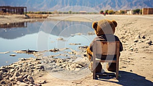 A teddy bear sitting on a chair in front of a body of water. Generative AI image.