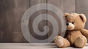 Teddy bear sitting in an empty room, wooden wall background, empty space good for invitation generative ai