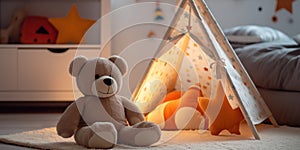 Teddy Bear Sitting In Front Of Star Patterned Play Tent In Child Room. Cozy Kids\' Bedroom Interior With Cute Toys
