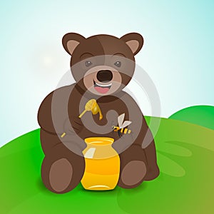Teddy bear sitting on the grass and eating honey.