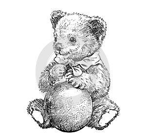 Teddy bear sitting and holding a ball in his hands old toy vintage hand drawn sketch