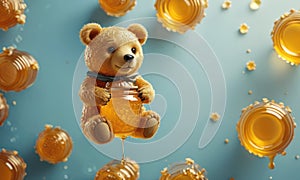 A teddy bear is sitting on a honeycomb with honey dripping from it.