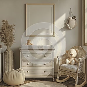 Teddy bear sitting on a rocking chair in a nursery, Blank canvas decoration