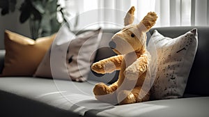 Teddy bear sitting on a sofa in the living room with cushions