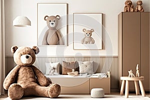 Teddy bear soft toy with interiorLuxury interior design with sofa,AI Generated.