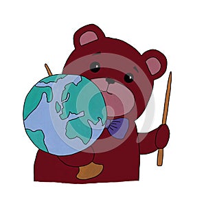 Teddy Bear student with globe and pointer