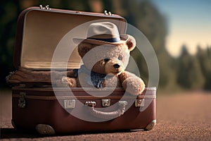 Teddy bear in a suitcase on the roard. Travel tourism concept. Generative AI