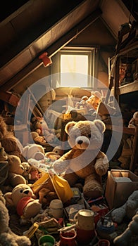 A teddy bear is surrounded by stuffed animals, AI